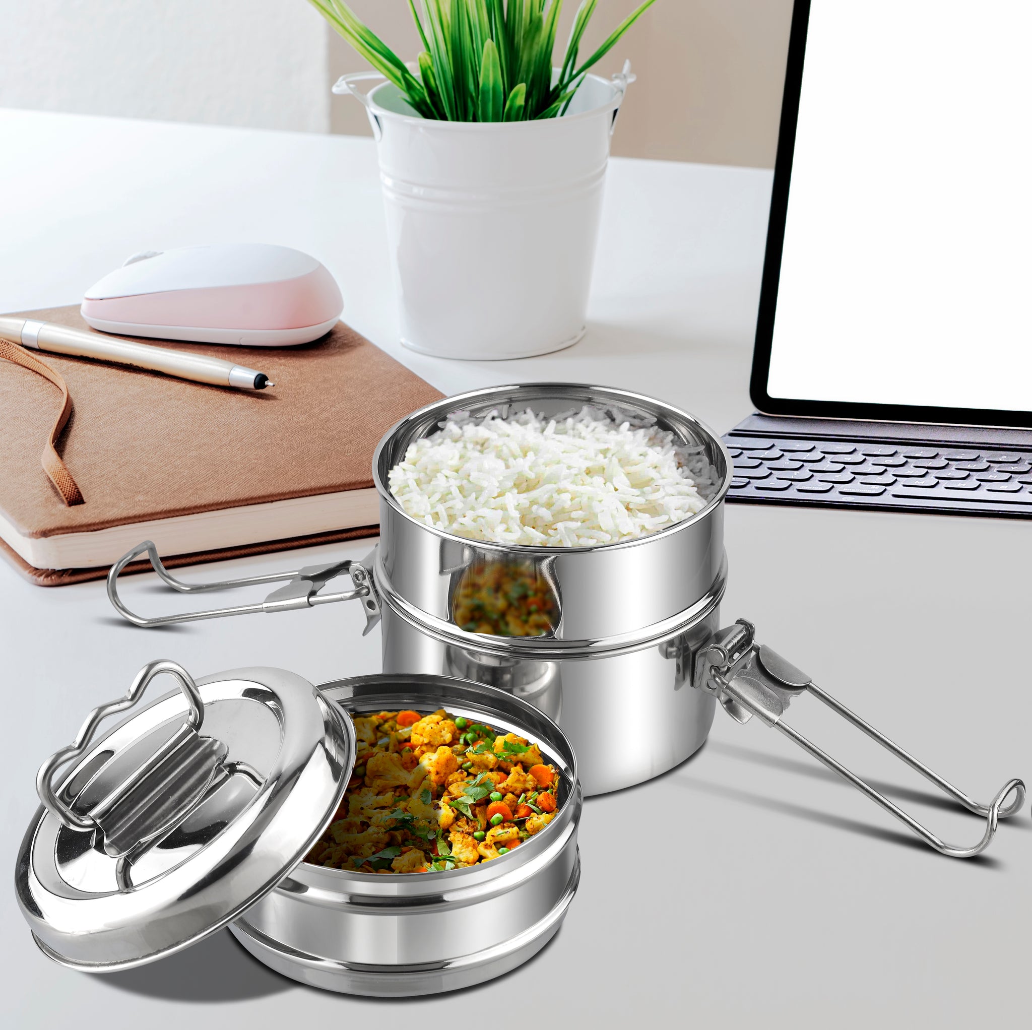 Kraft Lunch Box-Food Container Two Tier Compartment with Handle - Stainless Steel