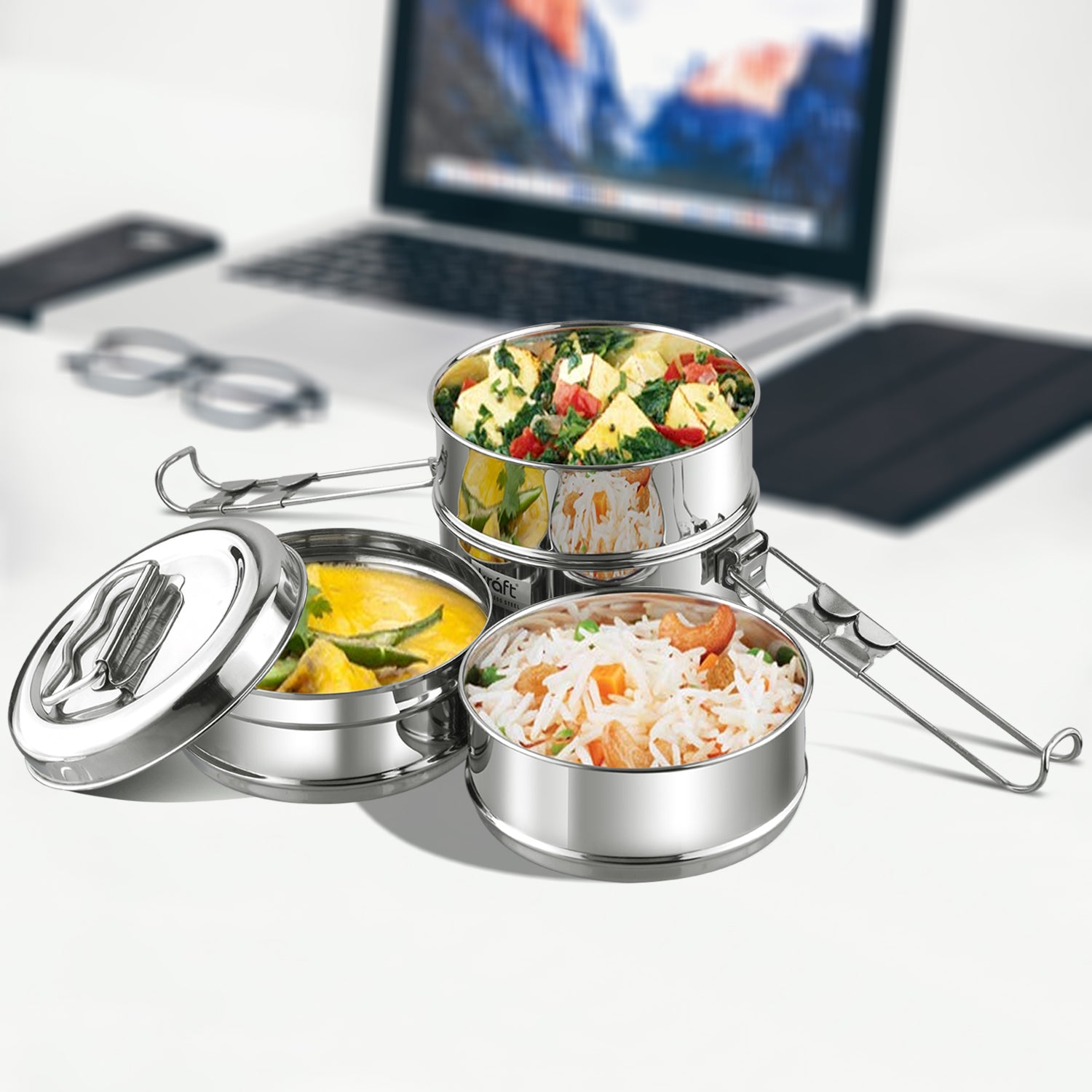 Kraft Lunch Box-Food Container Two Tier Compartment with Handle - Stainless Steel